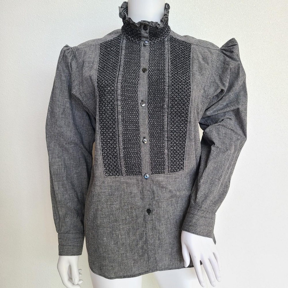 Vtg late 70's grey button-down blouse by Kenzo Paris high neck peasant s…